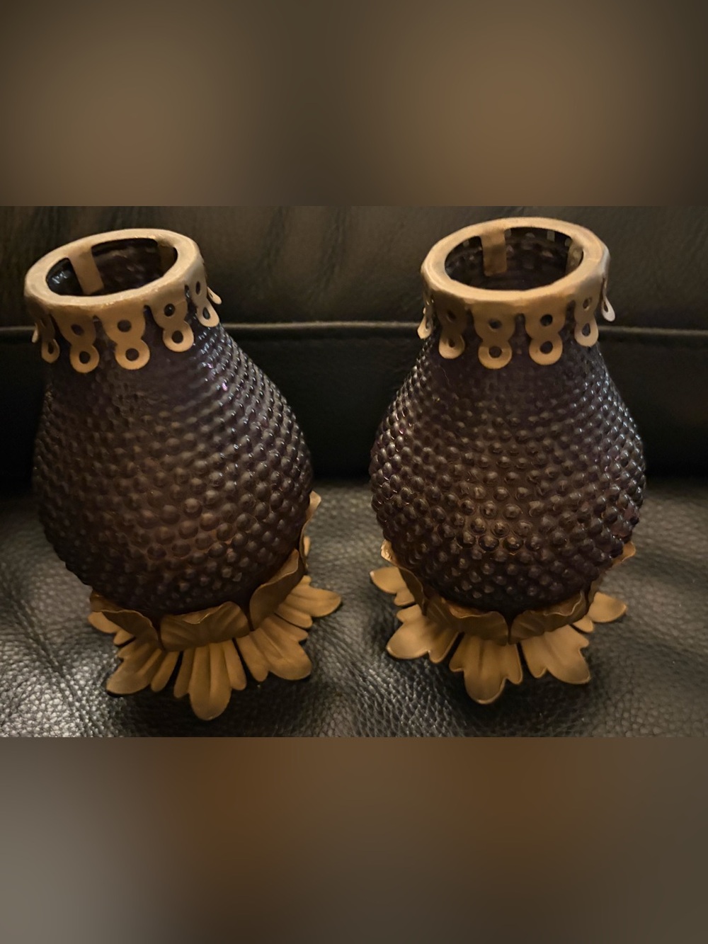 Vintage Purple Glass Pineapple Candleholders hobnail texture metal base & top